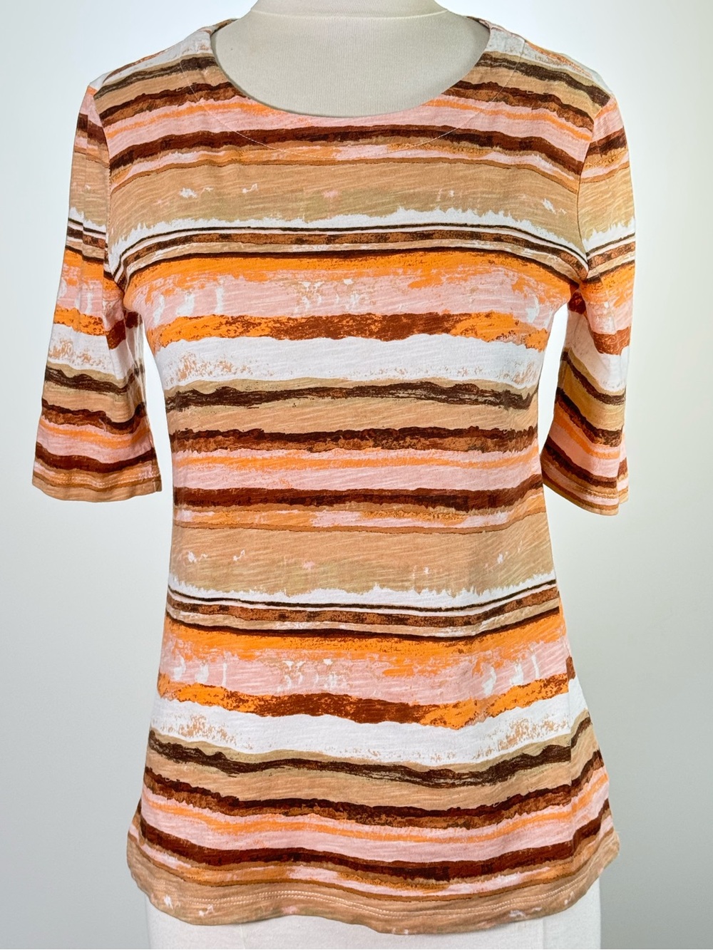 Coral Bay S Orange Rust Peach Brushstroke Stripe Cotton Top Artistic Resort